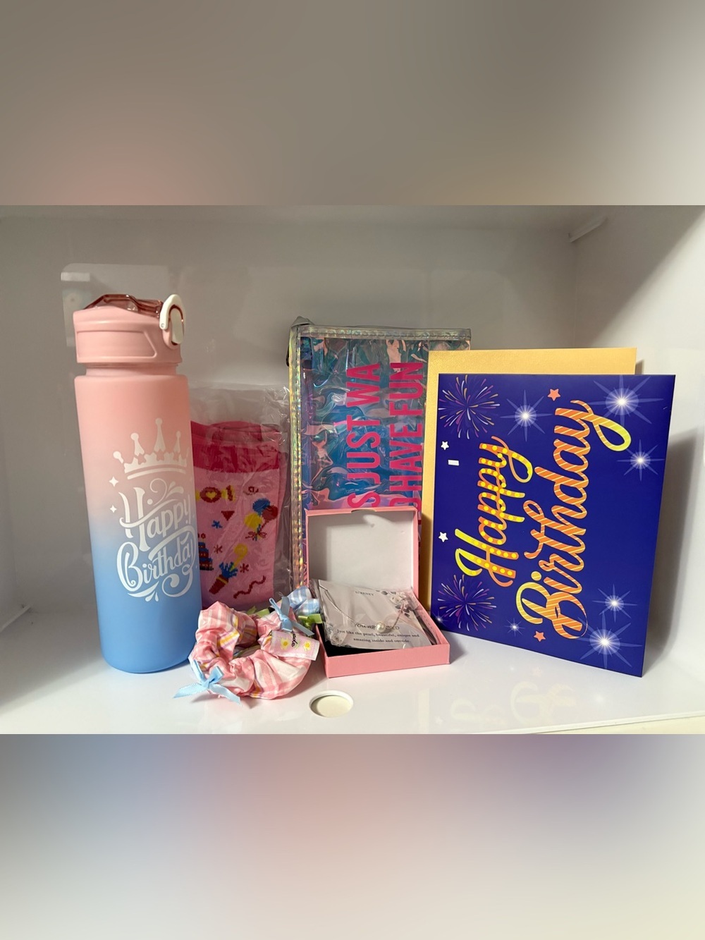 Birthday Bundle Waterbottle Cosmetic Bag Scrunchies and more